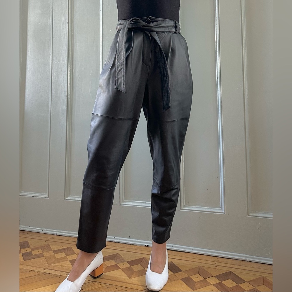 Black Genuine Leather Trousers Pleated 25 Waist Belt